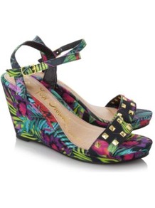 Tropical Print Wedged Sandals Multi - occasions: casual, evening, holiday; predominant colour: multicoloured; material: fabric; heel height: high; embellishment: studs; ankle detail: ankle strap; heel: wedge; toe: open toe/peeptoe; style: standard; trends: high impact florals; finish: plain; pattern: florals