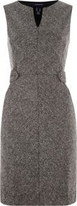 Women's Women`S Regular Tweed Boucle Shift Dress, Grey - style: shift; neckline: v-neck; fit: tailored/fitted; sleeve style: sleeveless; waist detail: embellishment at waist/feature waistband; pattern: herringbone/tweed; bust detail: ruching/gathering/draping/layers/pintuck pleats at bust; predominant colour: charcoal; occasions: evening, work; length: just above the knee; fibres: polyester/polyamide - mix; sleeve length: sleeveless; pattern type: fabric; pattern size: standard; texture group: woven light midweight