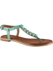 Miralles Flat Sandals, Green - predominant colour: mint green; occasions: casual, evening, holiday; material: faux leather; heel height: flat; ankle detail: ankle strap; heel: standard; toe: toe thongs; style: flip flops / toe post; finish: plain; pattern: plain; embellishment: chain/metal