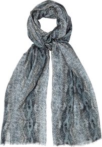Reptile Print Scarf, Grey - predominant colour: mid grey; occasions: casual, evening, work, occasion; type of pattern: heavy; style: skinny; size: standard; material: fabric; embellishment: fringing; pattern: patterned/print