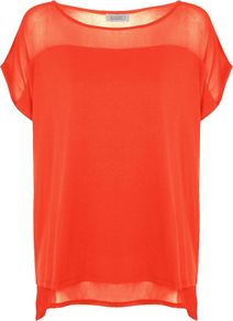 Women's Woven Jersey Mix Top, Coral - neckline: slash/boat neckline; sleeve style: dolman/batwing; pattern: plain; style: t-shirt; shoulder detail: contrast pattern/fabric at shoulder; predominant colour: bright orange; occasions: casual, evening, holiday; length: standard; fibres: polyester/polyamide - 100%; fit: loose; hip detail: dip hem; sleeve length: short sleeve; pattern type: fabric; texture group: jersey - stretchy/drapey