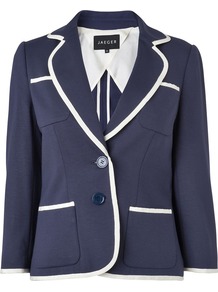 Grosgrain Tipped Jersey Jacket, Navy - pattern: plain; style: single breasted blazer; collar: standard lapel/rever collar; predominant colour: navy; occasions: casual, work; length: standard; fit: tailored/fitted; fibres: polyester/polyamide - stretch; sleeve length: 3/4 length; sleeve style: standard; collar break: medium