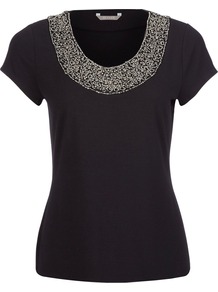 Women's Embellished Jersey Top, Black - neckline: round neck; pattern: plain; bust detail: added detail/embellishment at bust; style: t-shirt; predominant colour: black; occasions: evening, work; length: standard; fibres: viscose/rayon - stretch; fit: body skimming; sleeve length: short sleeve; sleeve style: standard; pattern type: fabric; texture group: jersey - stretchy/drapey; embellishment: beading