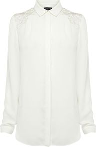 Women's Lace And Fringe Back Shirt, White - neckline: shirt collar/peter pan/zip with opening; pattern: plain; length: below the bottom; style: shirt; back detail: low cut/open back; shoulder detail: contrast pattern/fabric at shoulder; predominant colour: white; occasions: casual, evening; fibres: polyester/polyamide - 100%; fit: loose; sleeve length: long sleeve; sleeve style: standard; texture group: sheer fabrics/chiffon/organza etc.; pattern type: fabric; embellishment: fringing