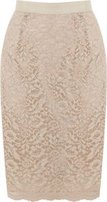 Kristina Lace Skirt, Neutral - style: pencil; fit: tailored/fitted; waist detail: embellishment at waist/feature waistband; waist: high rise; predominant colour: stone; occasions: evening, work, occasion; length: just above the knee; fibres: polyester/polyamide - mix; hip detail: sculpting darts/pleats/seams at hip; texture group: lace; trends: metallics; pattern type: fabric; pattern size: light/subtle; pattern: patterned/print