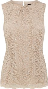 Women's Kristina Lace Top, Neutral - pattern: plain; sleeve style: sleeveless; predominant colour: stone; occasions: evening, occasion; length: standard; style: top; fibres: polyester/polyamide - mix; fit: straight cut; neckline: crew; back detail: keyhole/peephole detail at back; sleeve length: sleeveless; texture group: lace; pattern type: fabric