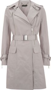 Women's Stone Double Zip Trench Coat, Stone - pattern: plain; style: trench coat; hip detail: front pockets at hip; collar: standard lapel/rever collar; length: mid thigh; predominant colour: light grey; occasions: casual, work; fit: tailored/fitted; fibres: polyester/polyamide - 100%; waist detail: belted waist/tie at waist/drawstring; shoulder detail: discreet epaulette; sleeve length: long sleeve; sleeve style: standard; texture group: cotton feel fabrics; collar break: medium; pattern type: fabric
