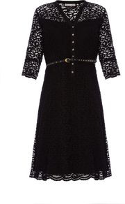 Women's Arabesque Lace Dress, Black - style: shift; neckline: v-neck; waist detail: belted waist/tie at waist/drawstring; bust detail: buttons at bust (in middle at breastbone)/zip detail at bust; predominant colour: black; occasions: casual, evening, work, occasion; length: just above the knee; fit: soft a-line; fibres: polyester/polyamide - mix; sleeve length: 3/4 length; sleeve style: standard; texture group: lace; pattern type: fabric; pattern size: standard; pattern: patterned/print; embellishment: embroidered
