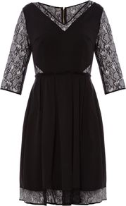 Women's Ottoman Lace Sleeved Dress, Black - neckline: v-neck; waist detail: fitted waist; predominant colour: black; occasions: evening, occasion; length: just above the knee; fit: fitted at waist & bust; style: fit & flare; fibres: acrylic - mix; hip detail: soft pleats at hip/draping at hip/flared at hip; sleeve length: half sleeve; sleeve style: standard; texture group: lace; pattern type: fabric; pattern size: standard; pattern: patterned/print; embellishment: embroidered