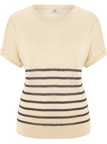 Women's Day Streaks Top, Cream - pattern: horizontal stripes; style: t-shirt; predominant colour: nude; secondary colour: black; occasions: casual, work; length: standard; fibres: linen - mix; fit: body skimming; neckline: crew; sleeve length: short sleeve; sleeve style: standard; texture group: linen; pattern type: fabric; pattern size: small & light