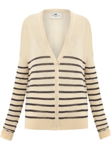 Women's Day Streaks Cardigan, Cream - neckline: low v-neck; pattern: horizontal stripes; predominant colour: ivory; occasions: casual, work; length: standard; style: standard; fibres: linen - mix; fit: loose; sleeve length: long sleeve; sleeve style: standard; pattern type: fabric; pattern size: small & light; texture group: jersey - stretchy/drapey
