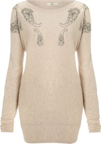 Women's Day Blythe Pullover, Cream - neckline: round neck; bust detail: added detail/embellishment at bust; length: below the bottom; pattern: paisley; style: standard; hip detail: fitted at hip; back detail: contrast pattern/fabric at back; predominant colour: ivory; occasions: casual, work; fit: loose; shoulder detail: added shoulder detail; sleeve length: long sleeve; sleeve style: standard; texture group: knits/crochet; pattern type: knitted - fine stitch; pattern size: small & light; embellishment: applique; fibres: viscose/rayon - mix
