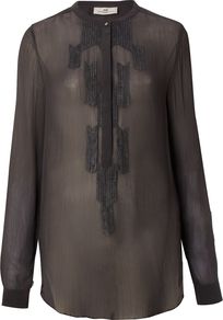 Women's Day Perspective Shirt, Grey - neckline: shirt collar/peter pan/zip with opening; pattern: plain; bust detail: added detail/embellishment at bust; length: below the bottom; style: blouse; predominant colour: charcoal; occasions: evening, work; fibres: viscose/rayon - 100%; fit: straight cut; back detail: longer hem at back than at front; sleeve length: long sleeve; sleeve style: standard; texture group: sheer fabrics/chiffon/organza etc.; pattern type: fabric; pattern size: standard; embellishment: embroidered