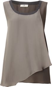 Women's Day Trinity Top, Grey - neckline: round neck; sleeve style: sleeveless; style: vest top; waist detail: twist front waist detail/nipped in at waist on one side/soft pleats/draping/ruching/gathering waist detail; shoulder detail: contrast pattern/fabric at shoulder; bust detail: ruching/gathering/draping/layers/pintuck pleats at bust; predominant colour: mid grey; occasions: casual, evening, work, holiday; length: standard; fibres: silk - 100%; fit: body skimming; back detail: longer hem at back than at front; sleeve length: sleeveless; texture group: silky - light; pattern type: fabric; pattern size: standard; pattern: colourblock