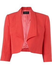 Women's Edge To Edge Silk Linen Jacket, Pink - pattern: plain; style: cropped; collar: shawl/waterfall; length: cropped; fit: slim fit; predominant colour: bright orange; occasions: casual, work, occasion; fibres: linen - 100%; sleeve length: 3/4 length; sleeve style: standard; texture group: sheer fabrics/chiffon/organza etc.; collar break: low/open; pattern type: fabric