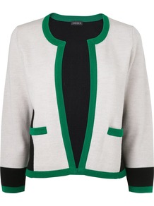 Women's Colour Block Knit Cardigan, Green - neckline: collarless open; style: open front; predominant colour: emerald green; occasions: casual, evening, work; length: standard; fibres: wool - 100%; fit: standard fit; sleeve length: 3/4 length; sleeve style: standard; texture group: knits/crochet; pattern type: knitted - fine stitch; pattern size: standard; pattern: colourblock