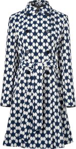Women's Blurred Spot Printed Mac, Navy - style: mac; length: on the knee; predominant colour: navy; occasions: casual, evening, work; fit: tailored/fitted; fibres: cotton - mix; collar: shirt collar/peter pan/zip with opening; waist detail: belted waist/tie at waist/drawstring; back detail: back vent/flap at back; sleeve length: long sleeve; sleeve style: standard; texture group: cotton feel fabrics; collar break: high; pattern type: fabric; pattern size: big & busy; pattern: patterned/print