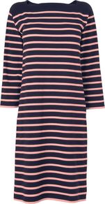 Women's Square Neck Stripe Jersey Dress, Light Pink - style: shift; neckline: high square neck; pattern: horizontal stripes; predominant colour: pink; occasions: casual; length: on the knee; fit: body skimming; fibres: cotton - stretch; sleeve length: 3/4 length; sleeve style: standard; texture group: cotton feel fabrics; pattern type: fabric; pattern size: small & busy