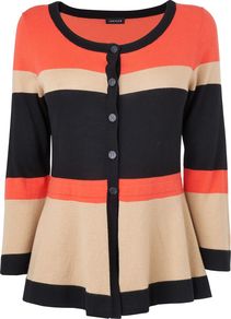Women's Colour Block Wool Peplum Cardigan, Pink - neckline: round neck; pattern: horizontal stripes; predominant colour: bright orange; occasions: casual, work; length: standard; style: standard; fibres: silk - mix; fit: slim fit; waist detail: peplum detail at waist; sleeve length: 3/4 length; sleeve style: standard; texture group: knits/crochet; pattern type: knitted - fine stitch; pattern size: standard