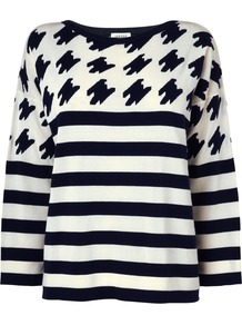 Women's Houndstooth Stripe Sweater, Navy - neckline: round neck; pattern: horizontal stripes; style: standard; predominant colour: navy; occasions: casual, work; length: standard; fibres: cotton - mix; fit: loose; sleeve length: 3/4 length; sleeve style: standard; texture group: knits/crochet; trends: striking stripes; pattern type: knitted - fine stitch; pattern size: big & busy