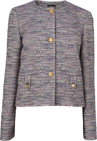 Textured Sb Stand Collar Jacket, Blue - collar: round collar/collarless; style: boxy; pattern: herringbone/tweed; occasions: casual, evening, work; length: standard; fit: straight cut (boxy); fibres: cotton - mix; predominant colour: multicoloured; sleeve length: long sleeve; sleeve style: standard; collar break: high; pattern type: fabric; pattern size: light/subtle; texture group: woven light midweight