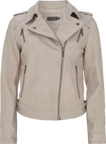 Women's Studded Leather Biker Jacket, Stone - pattern: plain; style: biker; collar: asymmetric biker; fit: slim fit; predominant colour: stone; occasions: casual; length: standard; fibres: leather - 100%; shoulder detail: discreet epaulette; sleeve length: long sleeve; sleeve style: standard; texture group: leather; collar break: medium; pattern type: fabric; pattern size: standard