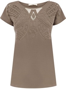 Women's Cutwork Atlas Tee, Khaki - neckline: round neck; pattern: plain; bust detail: added detail/embellishment at bust; length: below the bottom; style: t-shirt; predominant colour: taupe; occasions: casual, work; fibres: cotton - 100%; fit: body skimming; back detail: longer hem at back than at front; sleeve length: short sleeve; sleeve style: standard; texture group: cotton feel fabrics; pattern type: fabric; embellishment: embroidered