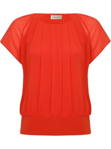 Women's Bubble Hem Blouse, Orange - neckline: round neck; pattern: plain; waist detail: drop waist; style: blouson; predominant colour: bright orange; occasions: evening, work; length: standard; fibres: polyester/polyamide - 100%; fit: loose; sleeve length: short sleeve; sleeve style: standard; texture group: sheer fabrics/chiffon/organza etc.; bust detail: tiers/frills/bulky drapes/pleats; pattern type: fabric