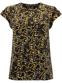 Women's Katie Top, Yellow - style: t-shirt; secondary colour: primrose yellow; predominant colour: black; occasions: casual, evening; length: standard; fibres: silk - 100%; fit: body skimming; neckline: crew; sleeve length: short sleeve; sleeve style: standard; texture group: silky - light; pattern type: fabric; pattern size: small & busy; pattern: patterned/print