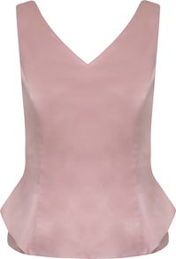 Women's Peplum Blouse, Peach - neckline: v-neck; pattern: plain; sleeve style: sleeveless; back detail: low cut/open back; waist detail: peplum waist detail; occasions: evening, occasion; length: standard; style: top; fibres: polyester/polyamide - stretch; fit: tailored/fitted; sleeve length: sleeveless; texture group: structured shiny - satin/tafetta/silk etc.; pattern type: fabric; predominant colour: dusky pink