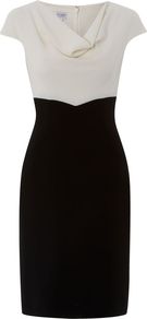 Women's Alexandra Dress, Black Ivory - style: shift; neckline: cowl/draped neck; sleeve style: capped; fit: fitted at waist; waist detail: fitted waist; predominant colour: black; occasions: evening, work, occasion; length: on the knee; fibres: polyester/polyamide - stretch; hip detail: contrast fabric/print detail at hip; sleeve length: short sleeve; texture group: crepes; trends: glamorous day shifts; pattern type: fabric; pattern size: standard; pattern: colourblock