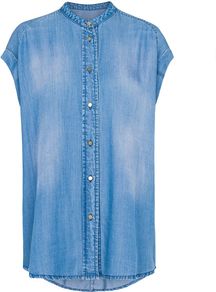 Women's Oversized Denim Shirt, Denim Dark Wash - neckline: shirt collar/peter pan/zip with opening; sleeve style: capped; pattern: plain; length: below the bottom; style: shirt; predominant colour: denim; occasions: casual; fibres: viscose/rayon - 100%; fit: loose; back detail: longer hem at back than at front; sleeve length: short sleeve; texture group: denim; pattern type: fabric
