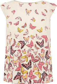 Women's Butterfly Border Tshirt, Multi Coloured - sleeve style: capped; style: t-shirt; secondary colour: white; occasions: casual; length: standard; fibres: polyester/polyamide - 100%; fit: body skimming; neckline: crew; predominant colour: multicoloured; sleeve length: short sleeve; pattern type: fabric; pattern size: big & busy; pattern: patterned/print; texture group: jersey - stretchy/drapey