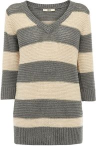 Women's Tape Stripe V Neck Jumper, Grey - neckline: v-neck; pattern: horizontal stripes; length: below the bottom; style: standard; predominant colour: charcoal; occasions: casual, work; fibres: cotton - mix; fit: standard fit; sleeve length: 3/4 length; sleeve style: standard; texture group: knits/crochet; trends: striking stripes; pattern type: knitted - other; pattern size: standard