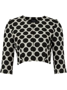 Women's Harriet Jacket, Black Ivory - style: bolero/shrug; collar: round collar/collarless; length: cropped; pattern: polka dot; fit: slim fit; predominant colour: black; occasions: evening, work, occasion; fibres: polyester/polyamide - stretch; shoulder detail: flat/draping pleats/ruching/gathering at shoulder; sleeve length: 3/4 length; sleeve style: standard; trends: statement prints; collar break: high; pattern type: fabric; pattern size: standard; texture group: jersey - stretchy/drapey