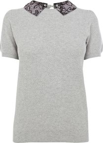 Women's Spot Print Collar Top, Grey - pattern: plain; style: t-shirt; predominant colour: light grey; secondary colour: black; occasions: casual, work; length: standard; fibres: cotton - 100%; fit: body skimming; neckline: no opening/shirt collar/peter pan; sleeve length: short sleeve; sleeve style: standard; pattern type: fabric; texture group: jersey - stretchy/drapey