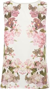Women's Placement Print Butterfly Shell Top, White - sleeve style: sleeveless; length: below the bottom; predominant colour: ivory; secondary colour: blush; occasions: casual, evening; style: top; fibres: polyester/polyamide - 100%; fit: straight cut; neckline: crew; back detail: keyhole/peephole detail at back; sleeve length: sleeveless; trends: high impact florals; pattern type: fabric; pattern size: standard; pattern: florals; texture group: other - light to midweight