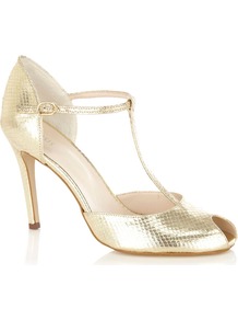 Metallic Snake Tbar Court Shoes, Gold - predominant colour: gold; occasions: evening, occasion; material: faux leather; heel height: high; embellishment: buckles; ankle detail: ankle strap; heel: stiletto; toe: open toe/peeptoe; style: t-bar; trends: metallics; finish: metallic; pattern: animal print