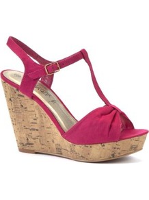 Fuchsia T Bar Cork Wedges - predominant colour: hot pink; occasions: casual, evening, holiday; material: fabric; heel height: high; embellishment: buckles; ankle detail: ankle strap; heel: wedge; toe: open toe/peeptoe; style: strappy; finish: plain; pattern: plain