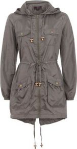 Khaki Tie Waist Lightweight Parka - pattern: plain; fit: loose; style: parka; back detail: hood; hip detail: front pockets at hip; collar: high neck; length: mid thigh; predominant colour: charcoal; occasions: casual; fibres: cotton - 100%; waist detail: belted waist/tie at waist/drawstring; sleeve length: long sleeve; sleeve style: standard; texture group: cotton feel fabrics; collar break: high; pattern type: fabric