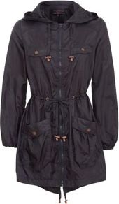 Navy Tie Waist Lightweight Parka - pattern: plain; fit: loose; style: parka; back detail: hood; hip detail: front pockets at hip; collar: high neck; length: mid thigh; predominant colour: navy; occasions: casual; fibres: cotton - 100%; waist detail: belted waist/tie at waist/drawstring; sleeve length: long sleeve; sleeve style: standard; collar break: high; pattern type: fabric; texture group: other - light to midweight