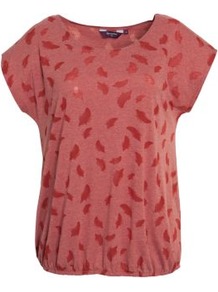 Inspire Orange Feather Print T Shirt - neckline: round neck; sleeve style: capped; style: blouson; predominant colour: terracotta; occasions: casual; length: standard; fibres: cotton - 100%; fit: loose; sleeve length: short sleeve; pattern type: fabric; pattern size: standard; pattern: patterned/print; texture group: jersey - stretchy/drapey