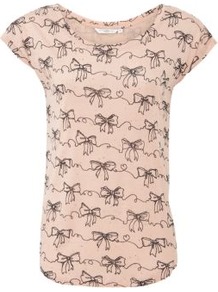 Pink Bow Print T Shirt - neckline: round neck; sleeve style: capped; style: t-shirt; predominant colour: blush; secondary colour: black; occasions: casual; length: standard; fibres: cotton - 100%; fit: body skimming; sleeve length: short sleeve; pattern type: fabric; pattern size: standard; pattern: patterned/print; texture group: jersey - stretchy/drapey