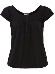 Black Gypsy Top - neckline: round neck; sleeve style: capped; pattern: plain; bust detail: buttons at bust (in middle at breastbone)/zip detail at bust; predominant colour: black; occasions: casual; length: standard; fibres: polyester/polyamide - mix; fit: loose; style: gypsy/peasant; sleeve length: short sleeve; pattern type: fabric; texture group: jersey - stretchy/drapey