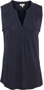 Navy Button Pocket Military Sleeveless Shirt - neckline: v-neck; pattern: plain; sleeve style: sleeveless; length: below the bottom; style: t-shirt; bust detail: pocket detail at bust; predominant colour: navy; occasions: casual, holiday; fibres: polyester/polyamide - 100%; fit: body skimming; sleeve length: sleeveless; pattern type: fabric; texture group: jersey - stretchy/drapey