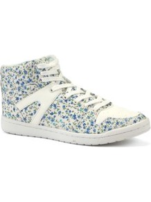 White And Blue Floral Retro Hi Tops - predominant colour: white; secondary colour: royal blue; occasions: casual, holiday; material: fabric; heel height: flat; embellishment: studs; ankle detail: ankle tie; toe: round toe; style: trainers; finish: plain; pattern: florals