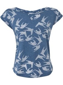 Tall Blue And White Swallow Print T Shirt - neckline: round neck; sleeve style: capped; style: t-shirt; secondary colour: white; predominant colour: denim; occasions: casual; length: standard; fibres: cotton - 100%; fit: body skimming; sleeve length: short sleeve; pattern type: fabric; pattern size: standard; pattern: patterned/print; texture group: jersey - stretchy/drapey