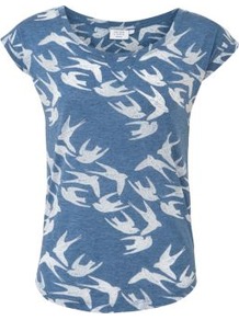 Petite Blue And White Swallow Print T Shirt - neckline: round neck; style: t-shirt; secondary colour: ivory; predominant colour: denim; occasions: casual; length: standard; fibres: cotton - 100%; fit: body skimming; sleeve length: short sleeve; sleeve style: standard; pattern type: fabric; pattern size: big & busy; pattern: patterned/print; texture group: jersey - stretchy/drapey