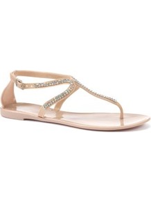 Nude Diamante Embellished Jelly Sandals - predominant colour: nude; occasions: casual, holiday; material: plastic/rubber; heel height: flat; embellishment: crystals; ankle detail: ankle strap; heel: standard; toe: toe thongs; style: flip flops / toe post; finish: plain; pattern: plain