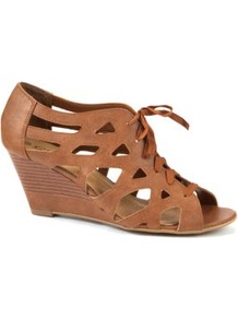 Tan Lace Up Cage Wedges - predominant colour: tan; occasions: casual, evening; material: fabric; heel height: high; heel: wedge; toe: open toe/peeptoe; boot length: shoe boot; style: standard; finish: plain; pattern: plain